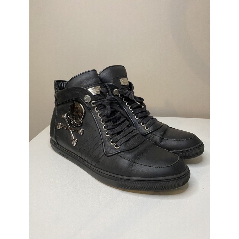 Philipp Plein Men’s Hi-Top Sneaker Black Skull & Bones Silver Detail Size 8.5